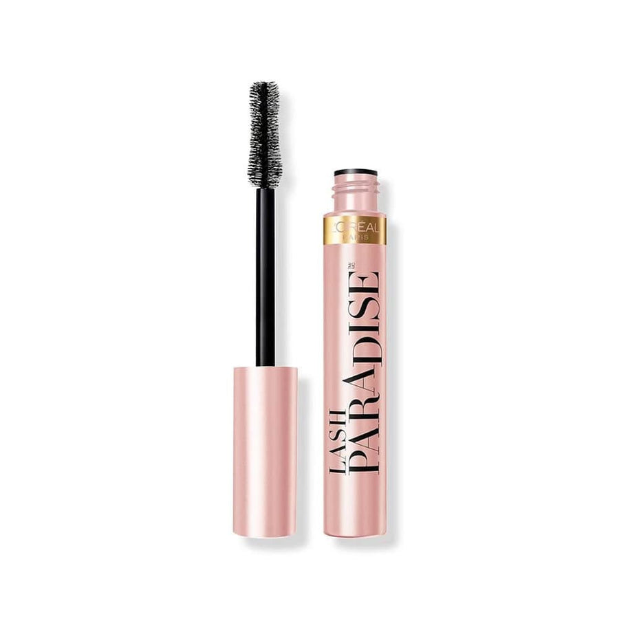 L'Oreal Lash Paradise Sensitive Eyes Mascara in black, with the container open and the wand applicator shown alongside.