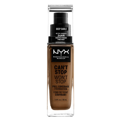 A pump bottle of NYX Can't Stop Won't Stop Full Coverage Foundation in the shade Deep Sable.