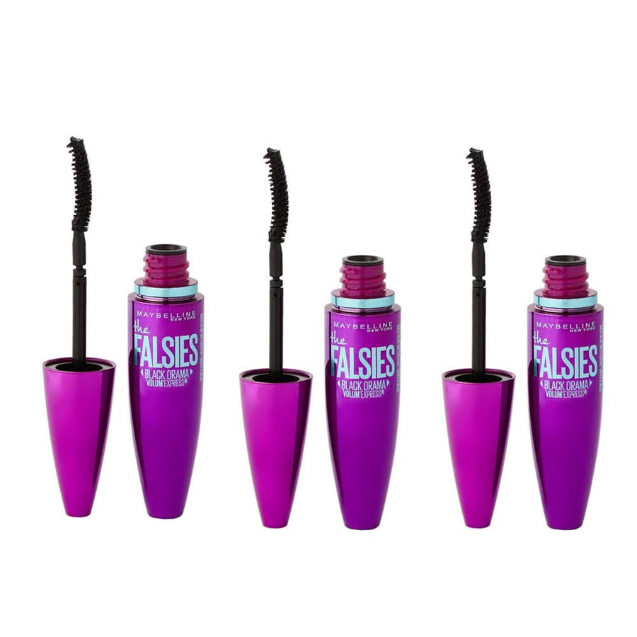 Three open tubes of Maybelline The Falsies Volum Express Mascara with their respective brushes displayed in front of each tube.