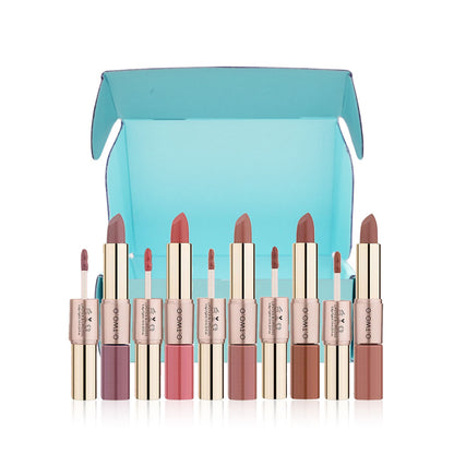 Set of lipsticks with a turquoise stand on a white background