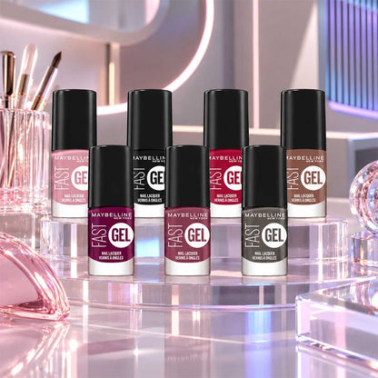 Maybelline Fast Gel nail polish shades Ballerina, Pink Charge, Plum Party, Fuchsia Ecstacy, Caramel Crush, Sinful Stone and Blackout