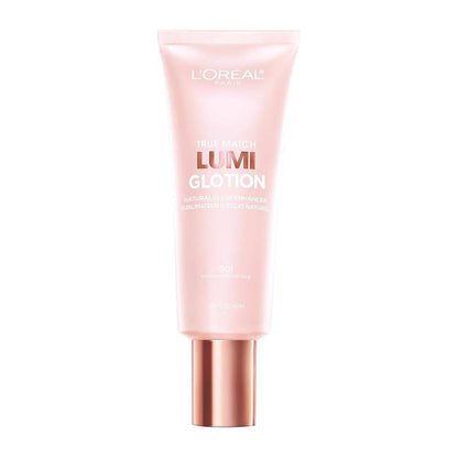 A tube of L'Oréal Paris Glotion 901 Fair Glow with a pink hue and a rose gold cap.