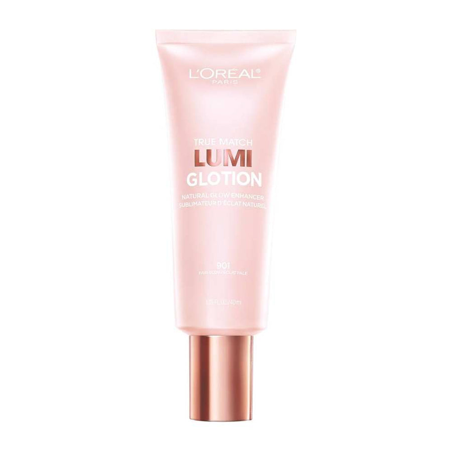 A tube of L'Oréal Paris Glotion 901 Fair Glow with a pink hue and a rose gold cap.