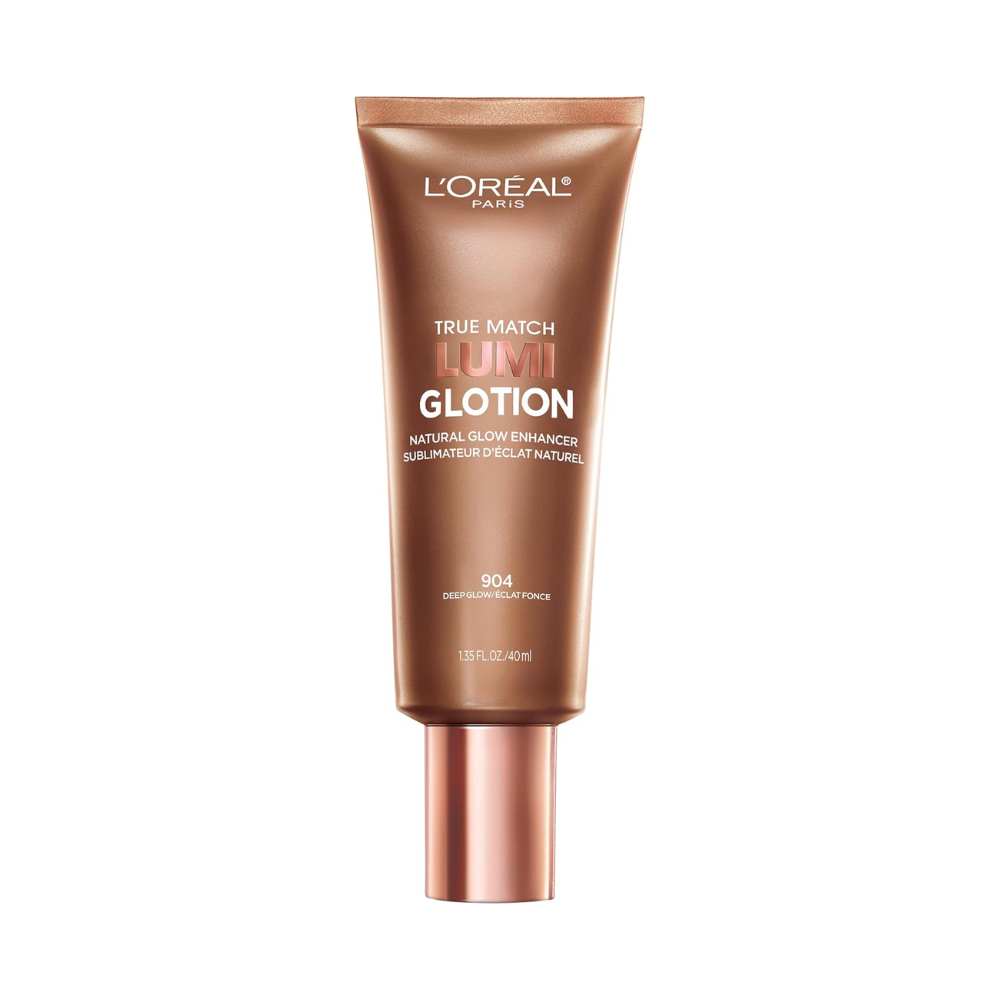 L'Oreal Paris True Match Lumi Glotion bottle with a bronze and pink hue, labeled for enhancing skin's natural glow.