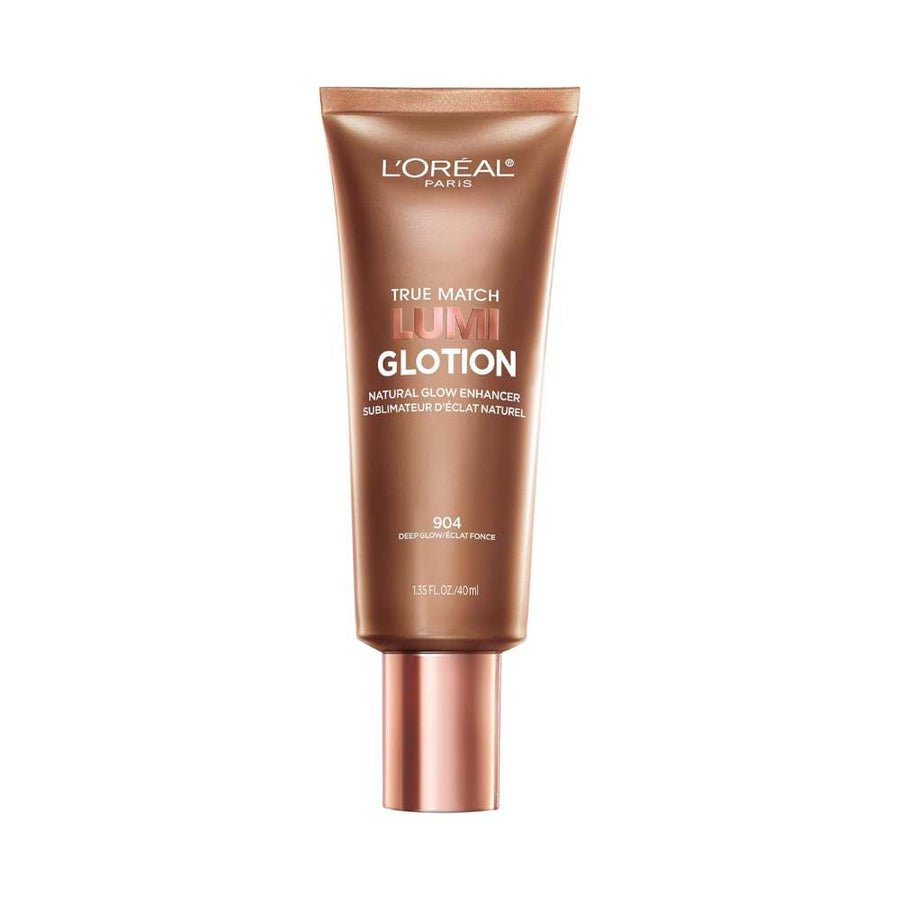 L'Oreal Paris True Match Lumi Glotion bottle with a bronze and pink hue, labeled for enhancing skin's natural glow.