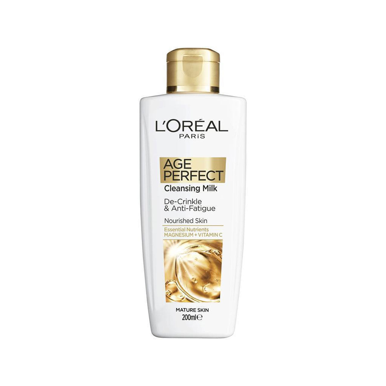 A bottle of L'Oreal Paris Age Perfect Cleansing Milk with a white and gold color scheme