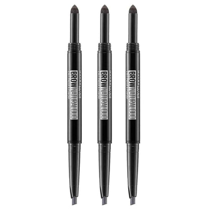 Three Maybelline Brow Natural Duo pencils in grey brown color, with the product branding visible on the pencils.