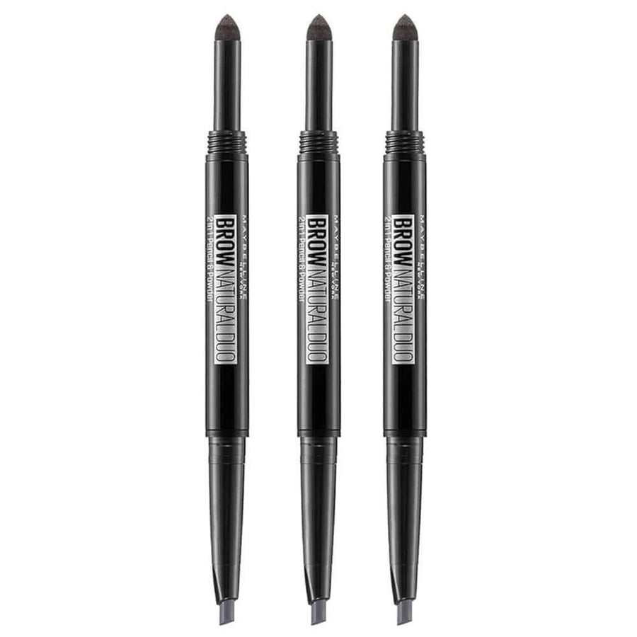 Three Maybelline Brow Natural Duo pencils in grey brown color, with the product branding visible on the pencils.