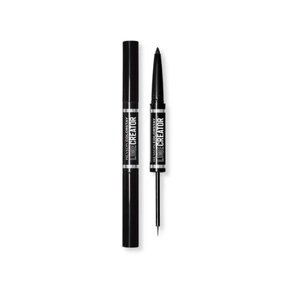 A double-ended Revlon eyeliner, with one end featuring a smooth, retractable pencil for defined lines, and the other end boasting a pearly metallic tip for adding a shimmer to the look. The product is labeled as shade 154 Cool As Ice, showcasing a black liner with a frosty, silver-blue shimmer.