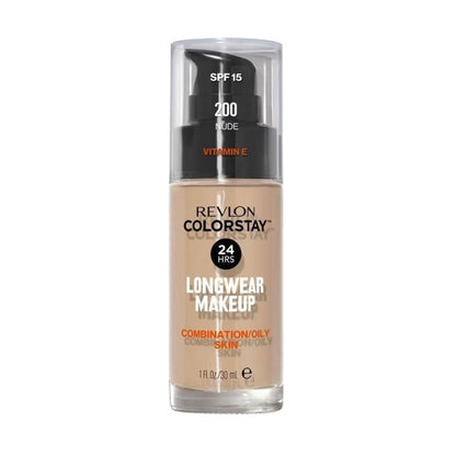 A bottle of Revlon ColorStay Makeup for Combination/Oily Skin SPF15 in the shade '200 Nude'. The packaging indicates the product provides longwear makeup with oil-free, matte finish properties.