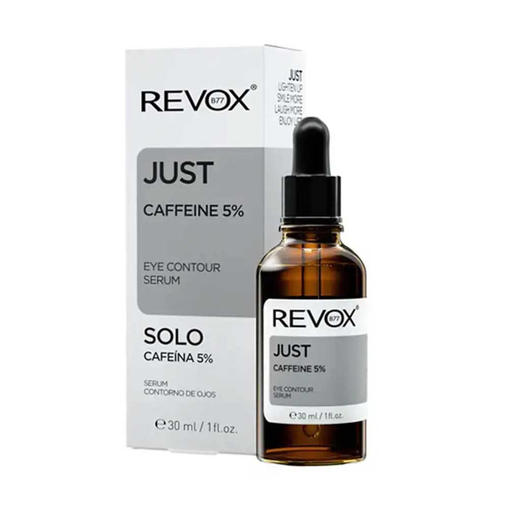 REVOX Just Caffeine 5% Eye Contour Serum in an amber glass dropper bottle next to its white and gray retail box.