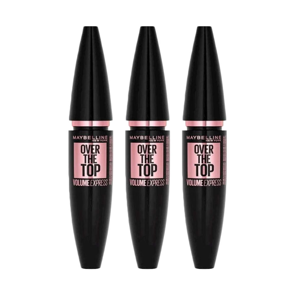 Three tubes of Maybelline Over The Top Volume Express Mascara, color 01 Black, 8.7ml each, displayed side by side.